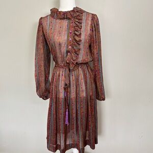The Kollection VTG 70’s Sheer Floral Ruffle Button Front Belted Midi Dress-M